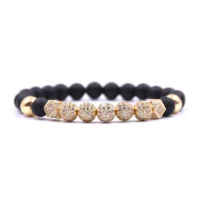 8MM MEN-WOMEN-BLACK-MATTE-AGATE-ONYX-Filled High Polish Finsh -ZIRCON-GOLD-DISCO-BALL-BEADED 199.00