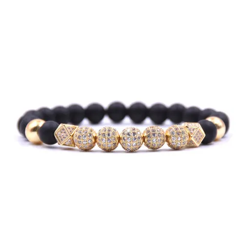 8MM MEN-WOMEN-BLACK-MATTE-AGATE-ONYX-Filled High Polish Finsh -ZIRCON-GOLD-DISCO-BALL-BEADED 199.00