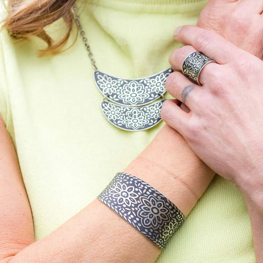 Anju Silver Patina Bracelet in Black Floral Pattern
