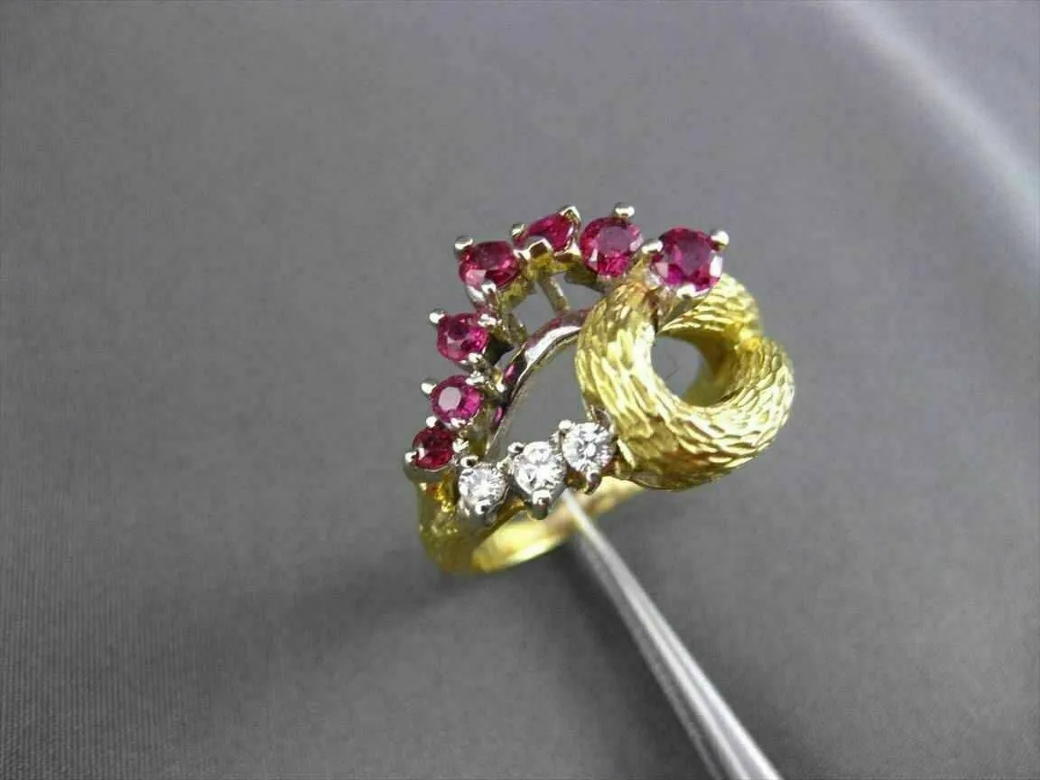 ANTIQUE .76CT OLD MINE DIAMOND & RUBY 18K TWO TONE GOLD COCKTAIL FUN RING #19257