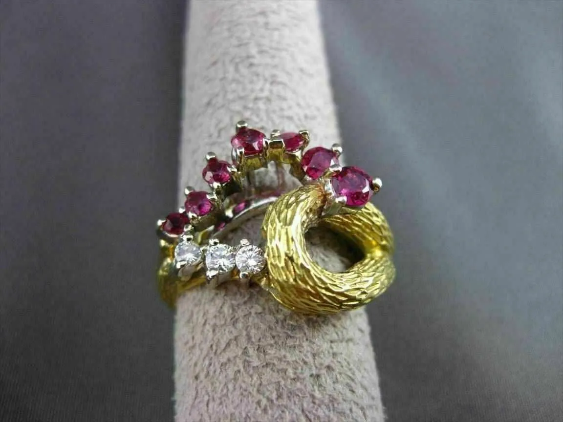 ANTIQUE .76CT OLD MINE DIAMOND & RUBY 18K TWO TONE GOLD COCKTAIL FUN RING #19257