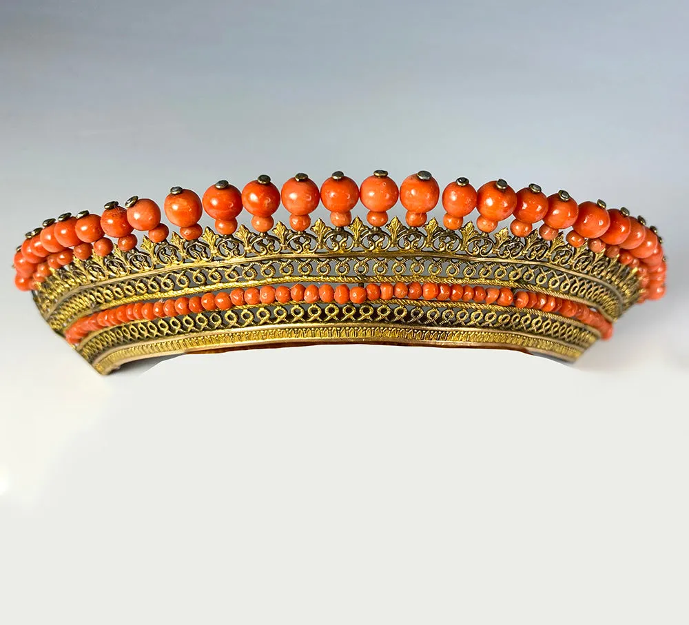 Antique French Empire Red Coral and Ormolu Tiara, Diadem, Crown Hair Ornament, c.1810