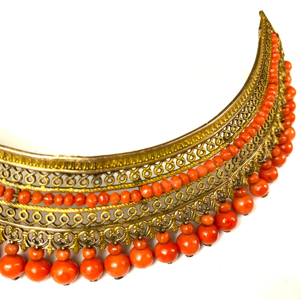 Antique French Empire Red Coral and Ormolu Tiara, Diadem, Crown Hair Ornament, c.1810