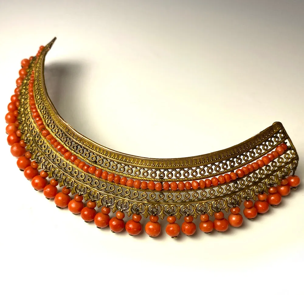 Antique French Empire Red Coral and Ormolu Tiara, Diadem, Crown Hair Ornament, c.1810