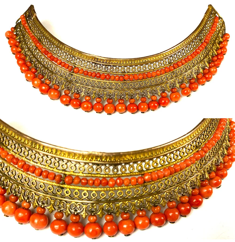 Antique French Empire Red Coral and Ormolu Tiara, Diadem, Crown Hair Ornament, c.1810