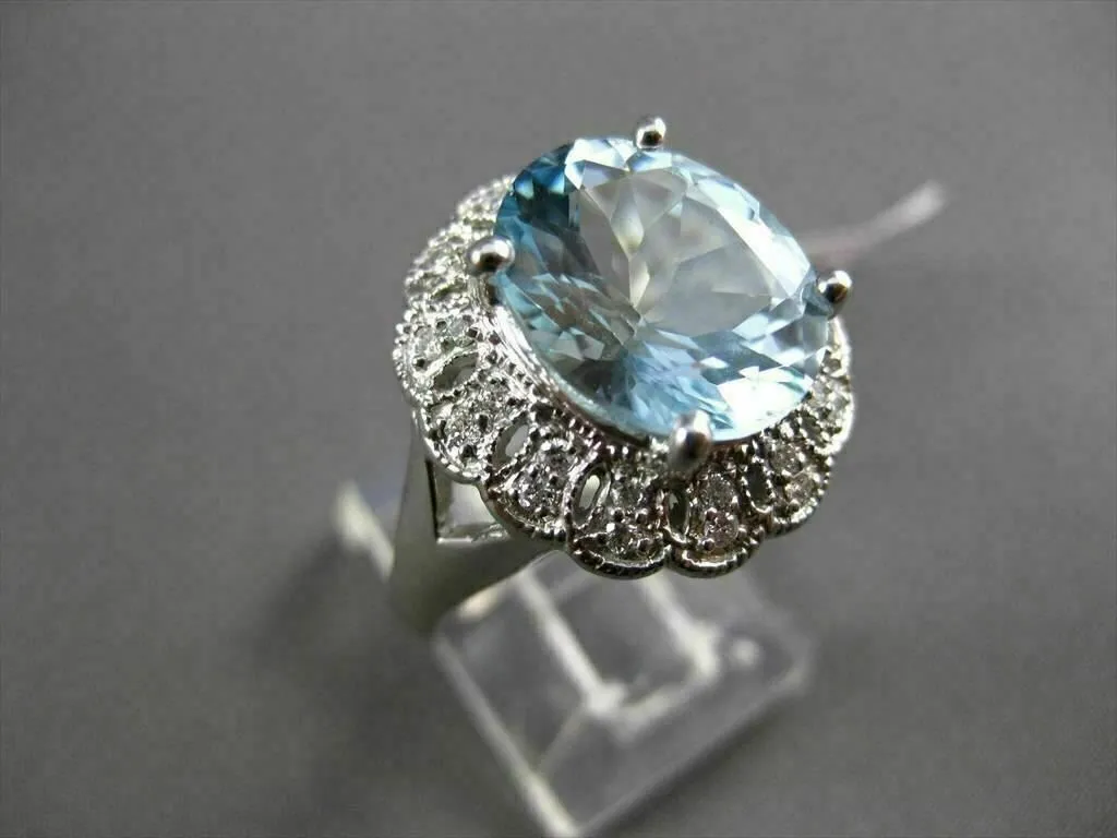 ANTIQUE LARGE 3.77CTW DIAMOND & AAA AQUAMARINE 14KT WHITE GOLD COCKTAIL RING