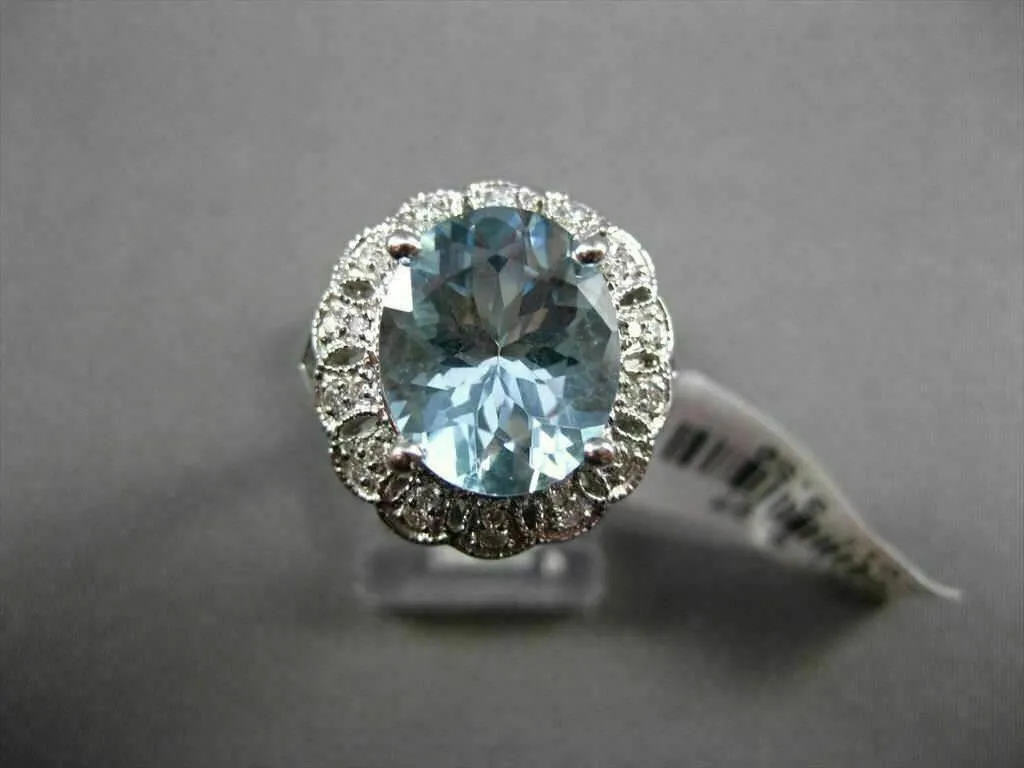 ANTIQUE LARGE 3.77CTW DIAMOND & AAA AQUAMARINE 14KT WHITE GOLD COCKTAIL RING