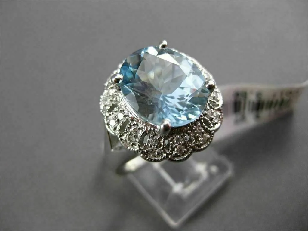 ANTIQUE LARGE 3.77CTW DIAMOND & AAA AQUAMARINE 14KT WHITE GOLD COCKTAIL RING
