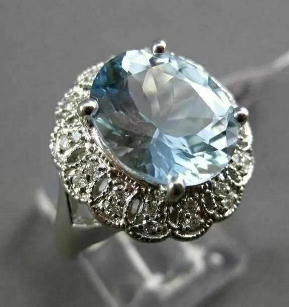 ANTIQUE LARGE 3.77CTW DIAMOND & AAA AQUAMARINE 14KT WHITE GOLD COCKTAIL RING