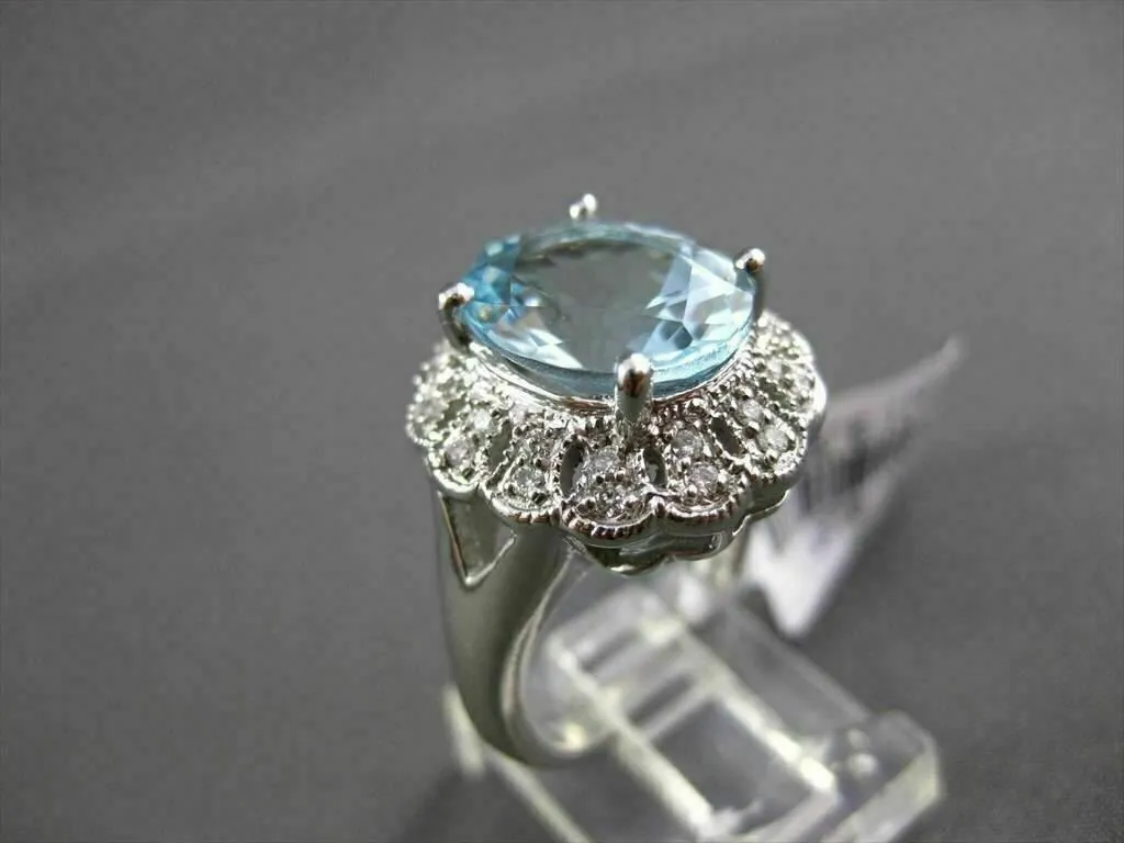ANTIQUE LARGE 3.77CTW DIAMOND & AAA AQUAMARINE 14KT WHITE GOLD COCKTAIL RING