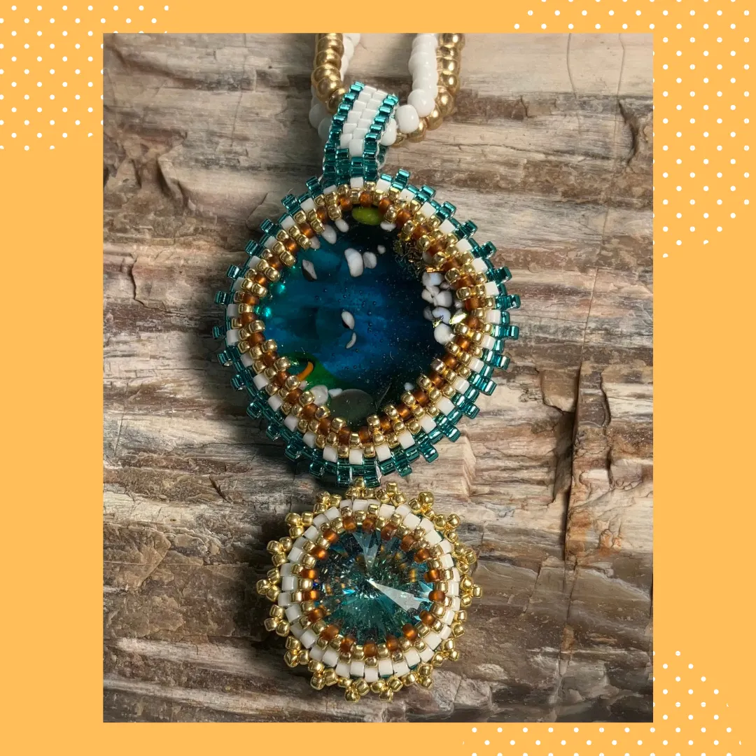 Aqua Rivoli and Cabochon with White and Gold Pendant