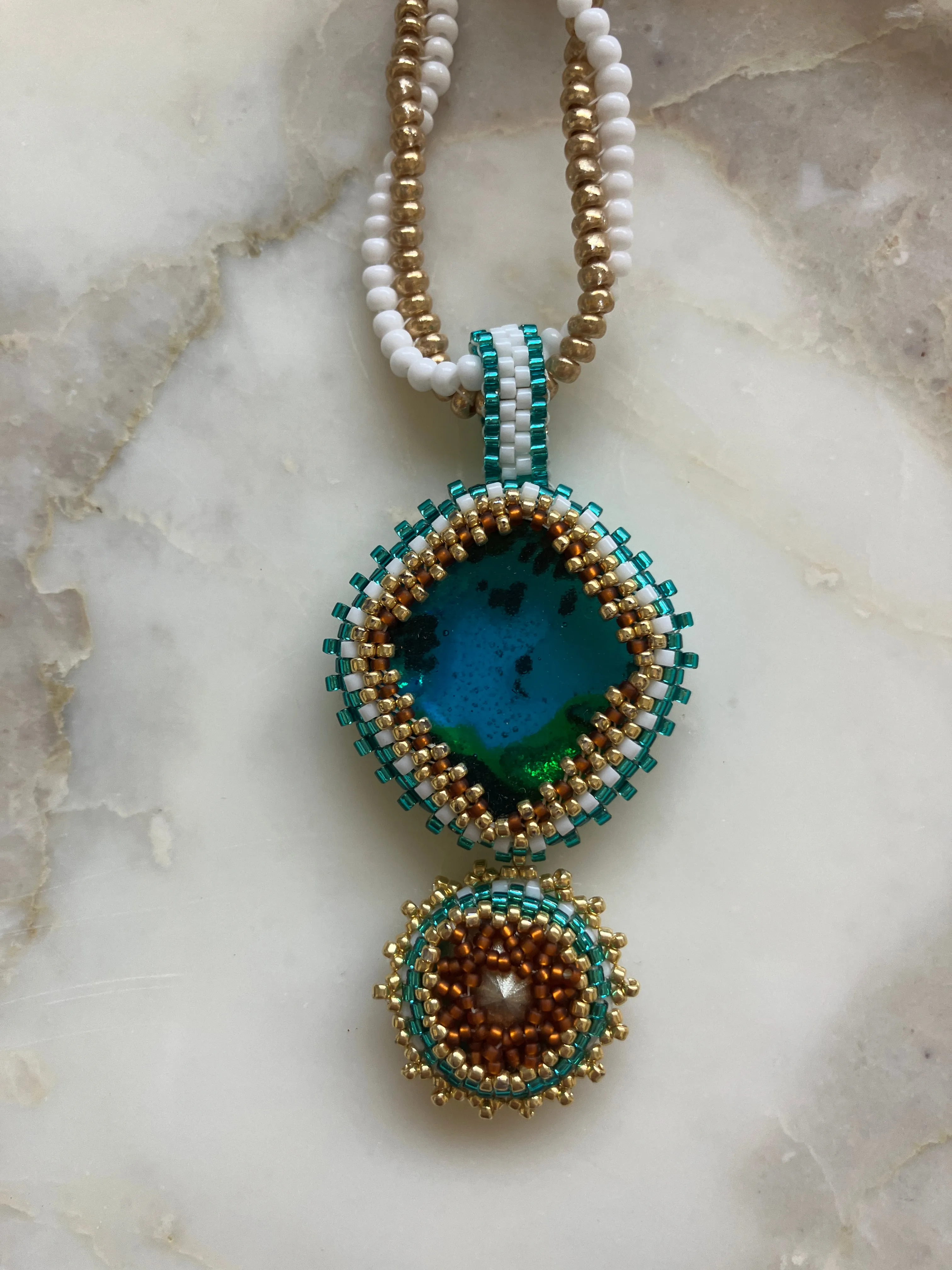 Aqua Rivoli and Cabochon with White and Gold Pendant