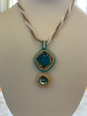 Aqua Rivoli and Cabochon with White and Gold Pendant