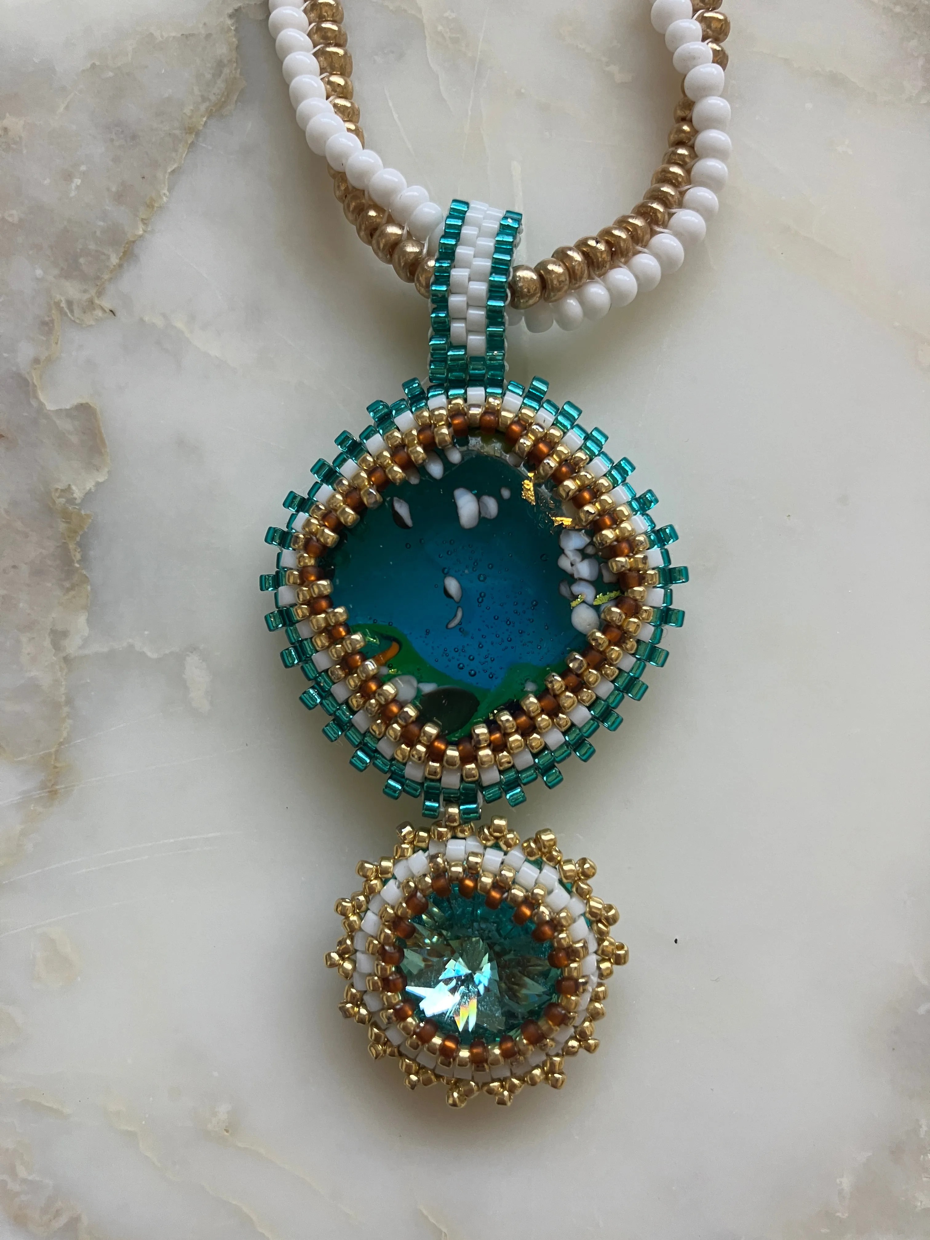 Aqua Rivoli and Cabochon with White and Gold Pendant