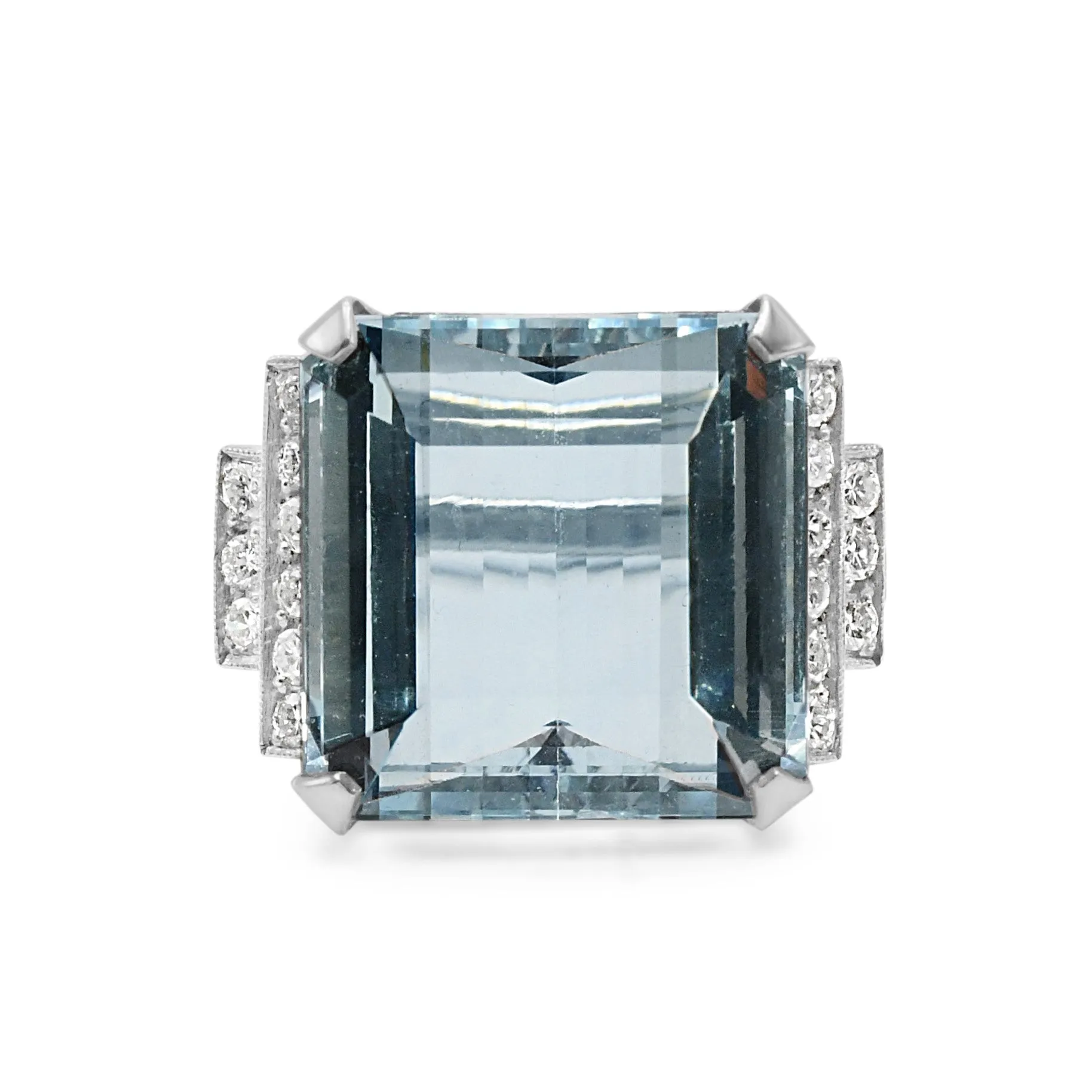 Aquamarine Cocktail Ring, Brilliant Cut Diamond 2 Row Shoulders