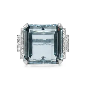 Aquamarine Cocktail Ring, Brilliant Cut Diamond 2 Row Shoulders