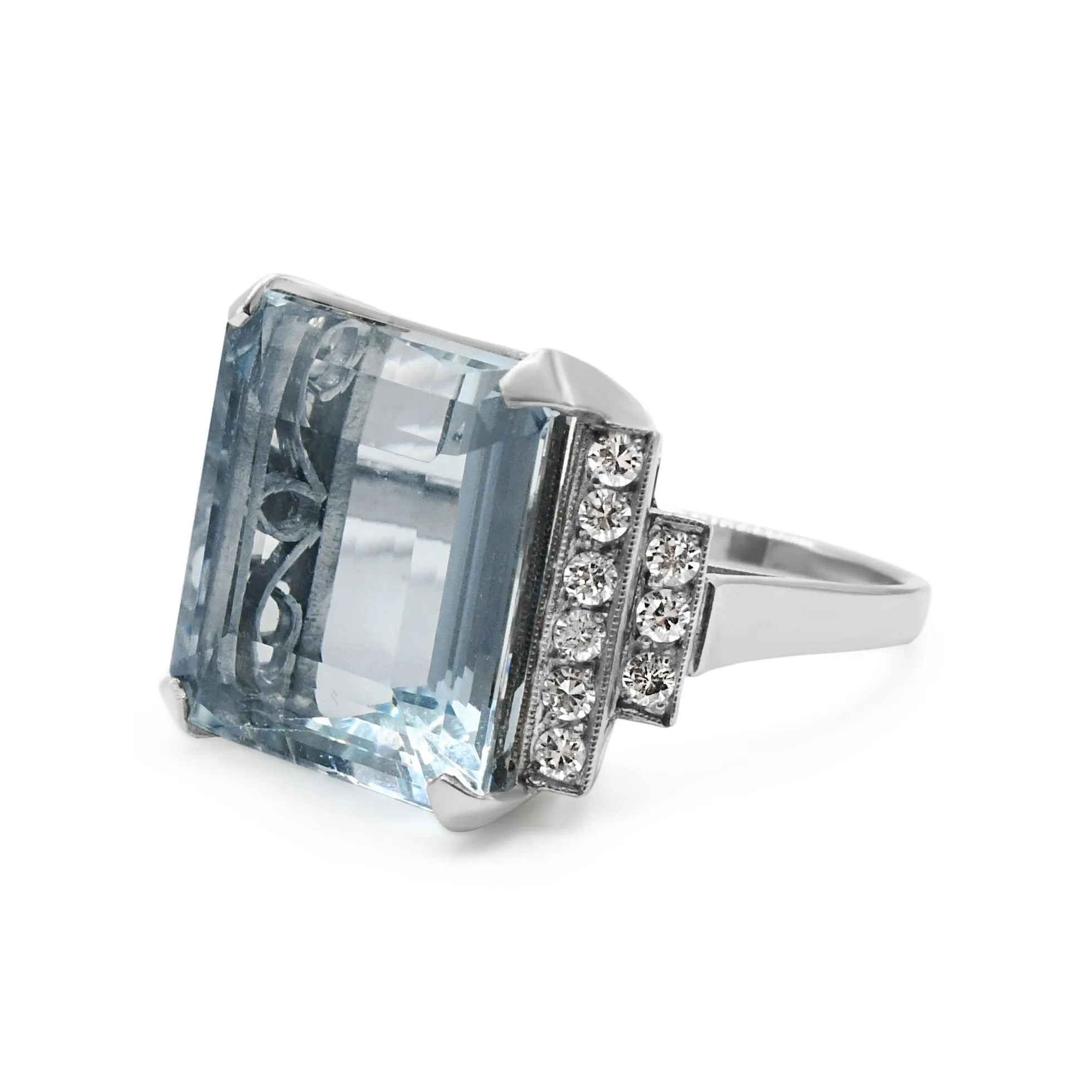 Aquamarine Cocktail Ring, Brilliant Cut Diamond 2 Row Shoulders
