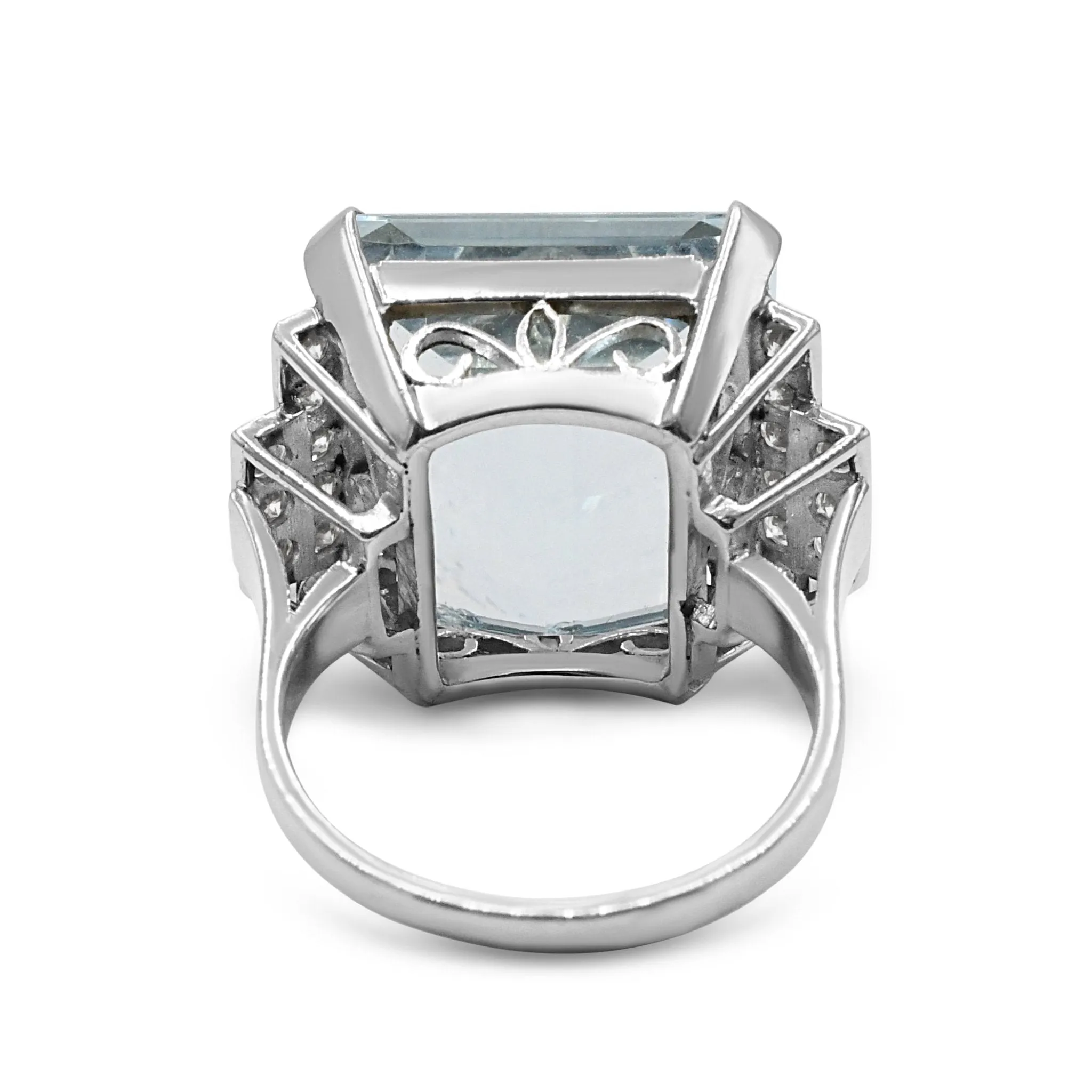 Aquamarine Cocktail Ring, Brilliant Cut Diamond 2 Row Shoulders