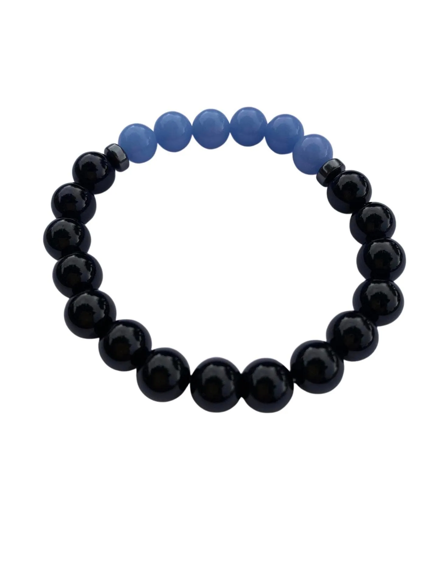 Aragonite Blue with Onyx Bracelet 8 mm Round Beads - Naturally Glows in the Dark