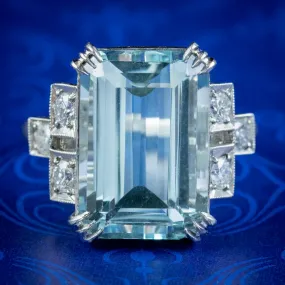 Art Deco Aquamarine Diamond Cocktail Ring 12.8ct Aqua
