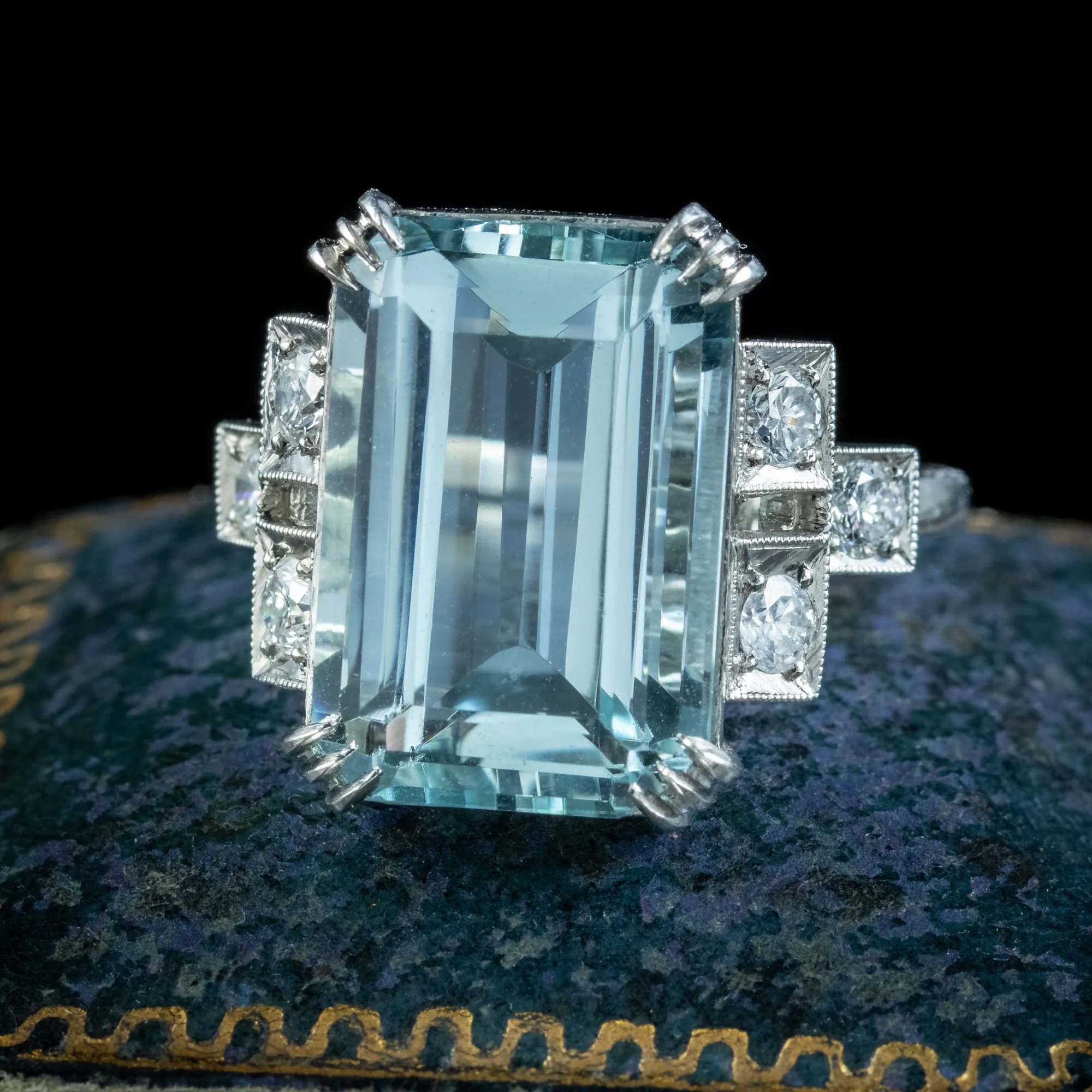 Art Deco Aquamarine Diamond Cocktail Ring 12.8ct Aqua