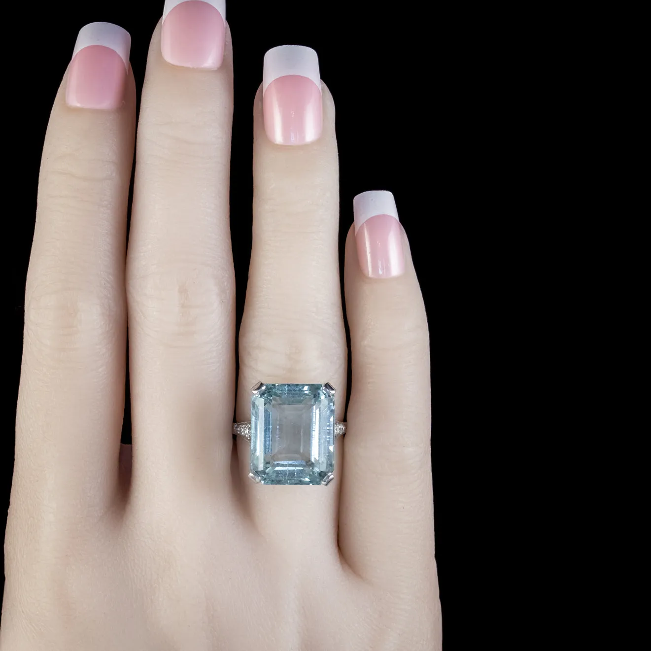 Art Deco Large Aquamarine Diamond Cocktail Ring 18ct White Gold Circa 1930