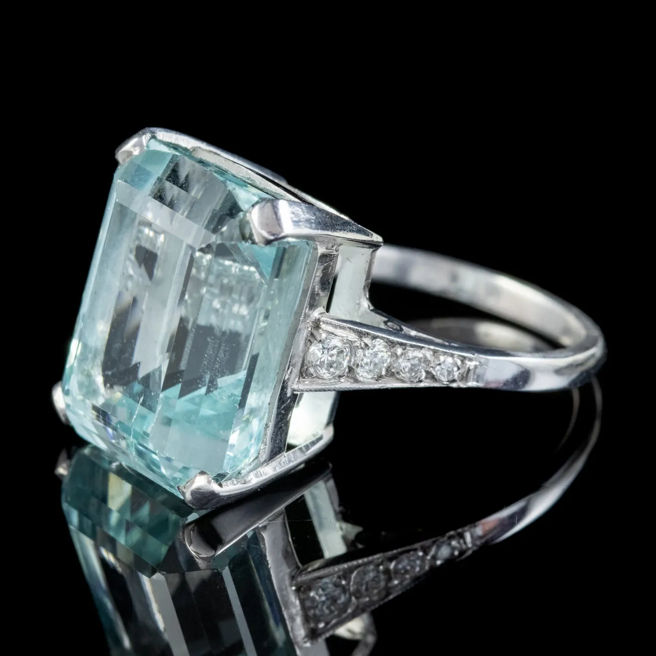 Art Deco Large Aquamarine Diamond Cocktail Ring 18ct White Gold Circa 1930