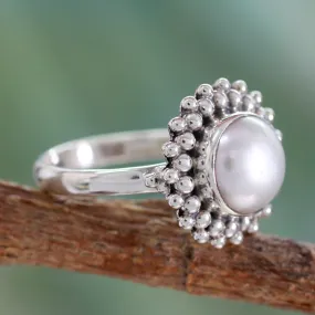 Artisan Crafted Sterling Silver Pearl Ring - Kolkata Halo | NOVICA