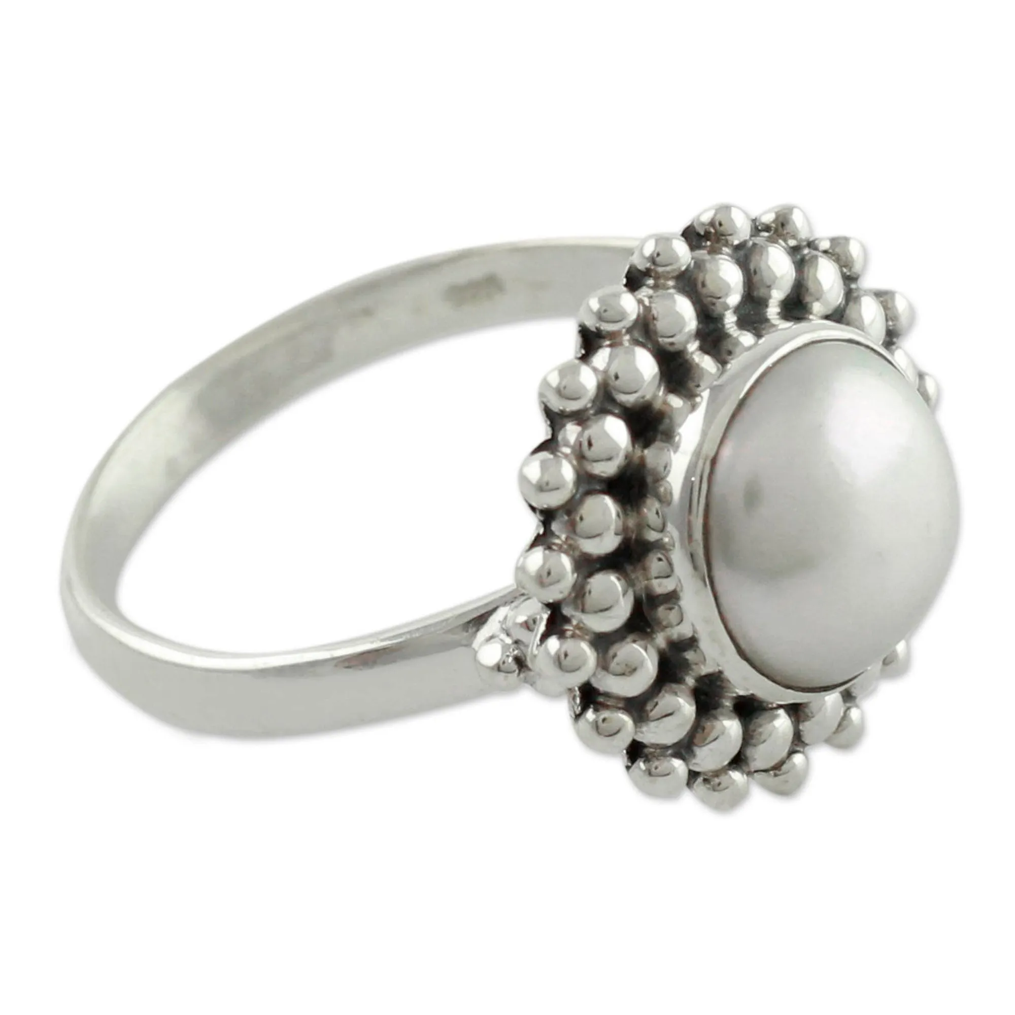 Artisan Crafted Sterling Silver Pearl Ring - Kolkata Halo | NOVICA