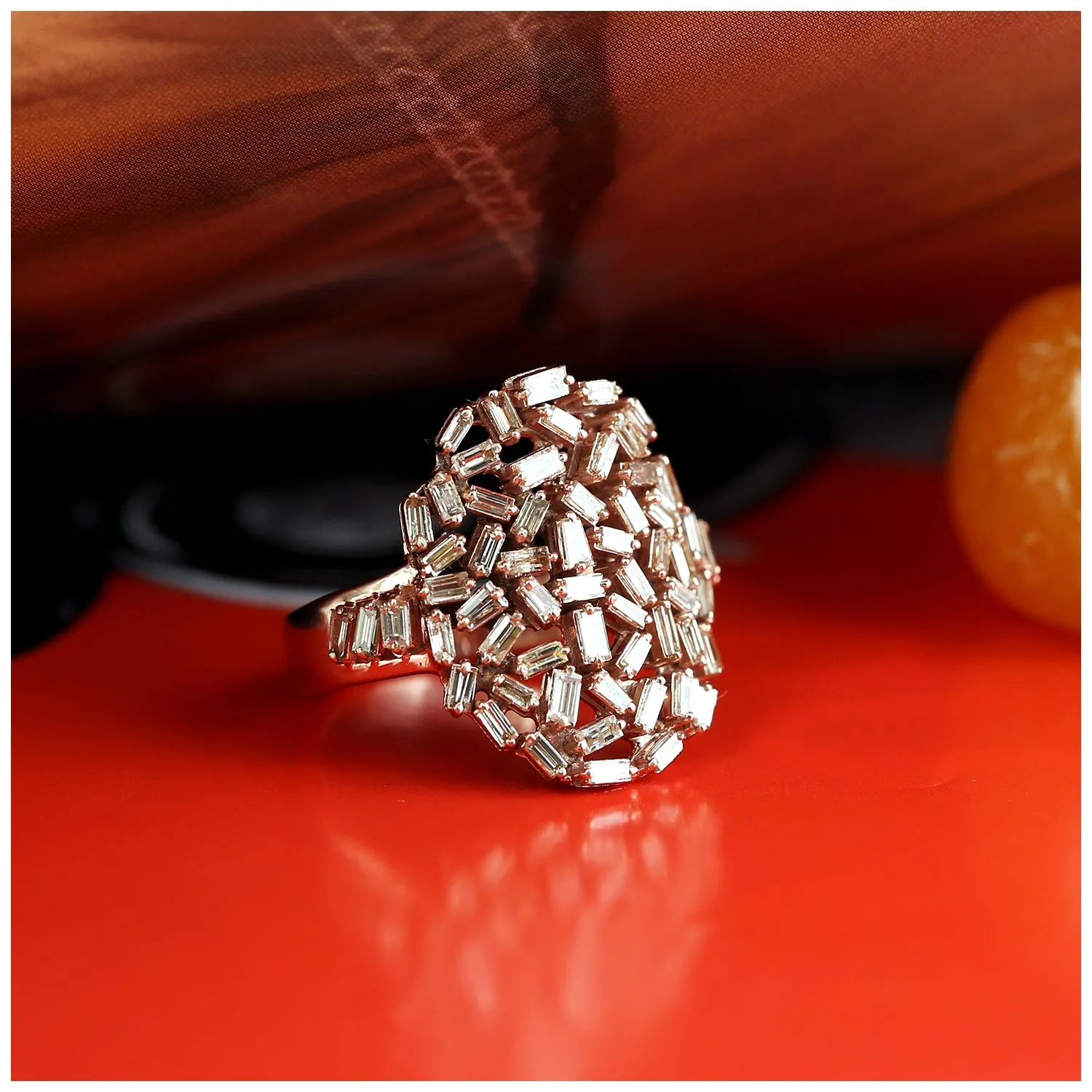 Baguette Diamond Cluster Diamond Big Ring in 18k Rose Gold For Women