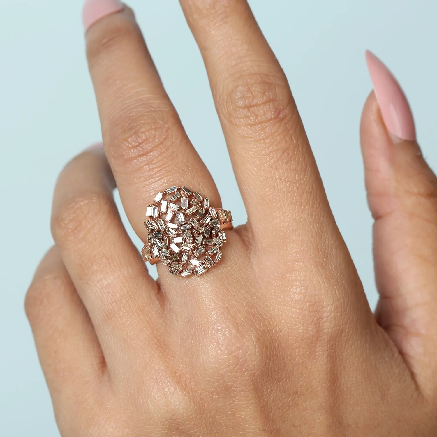 Baguette Diamond Cluster Diamond Big Ring in 18k Rose Gold For Women