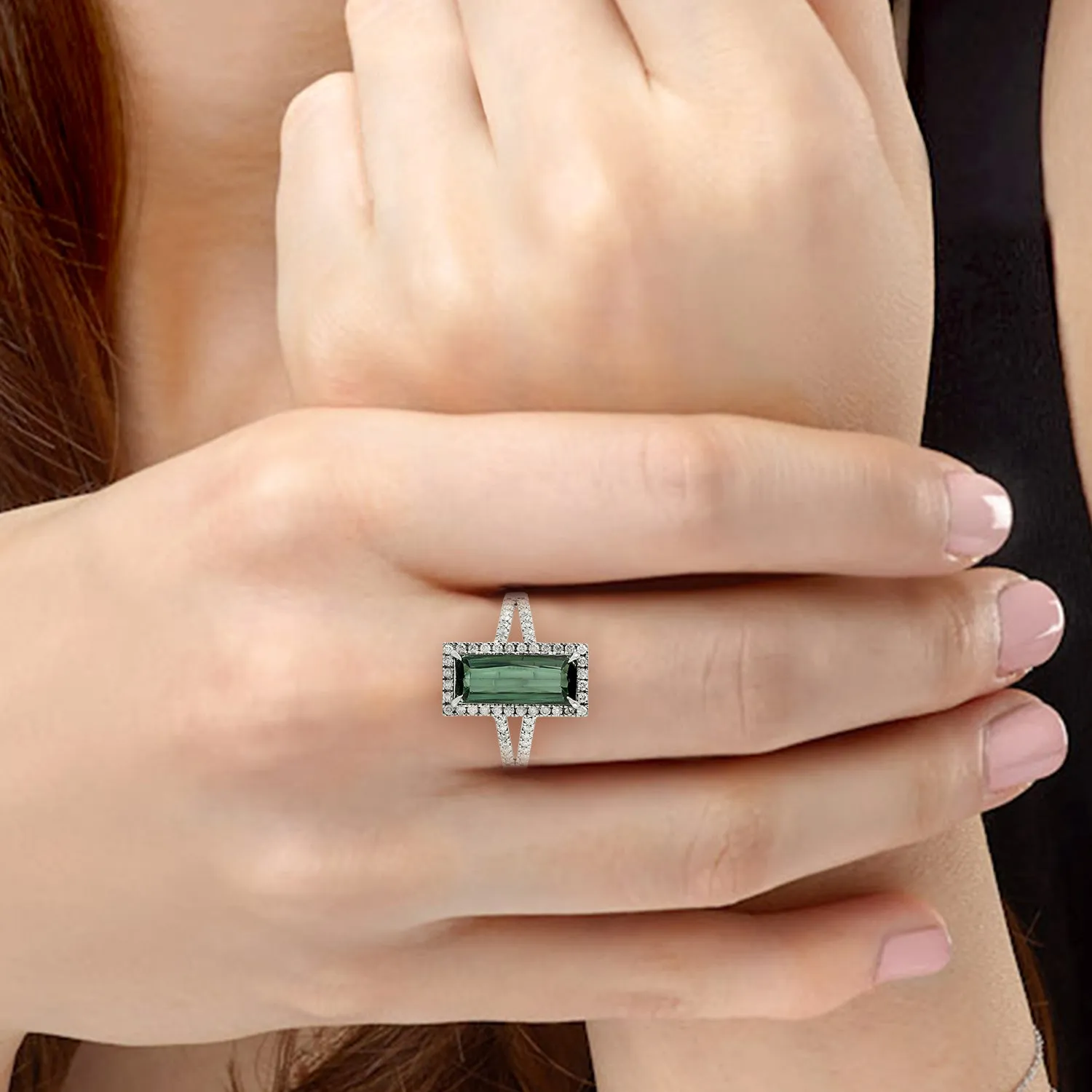 Baguette Green Tourmaline Diamond 18k White Gold Long Ring For Her