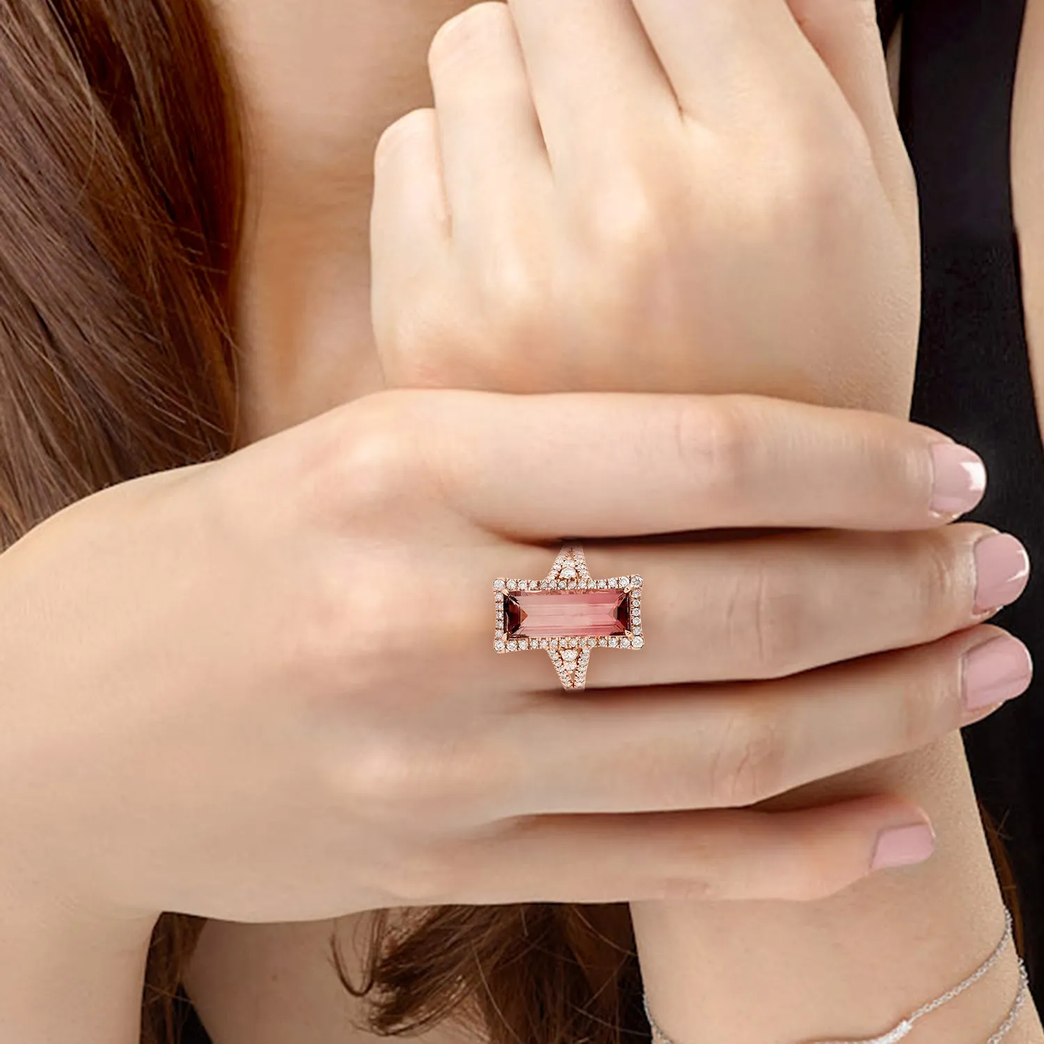 Baguette Tourmaline Diamond 18k Rose Gold Long Ring For Her