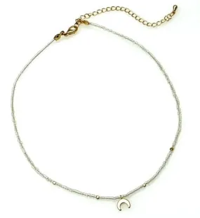 Beaded Necklace with Crescent Moon Pendant - White