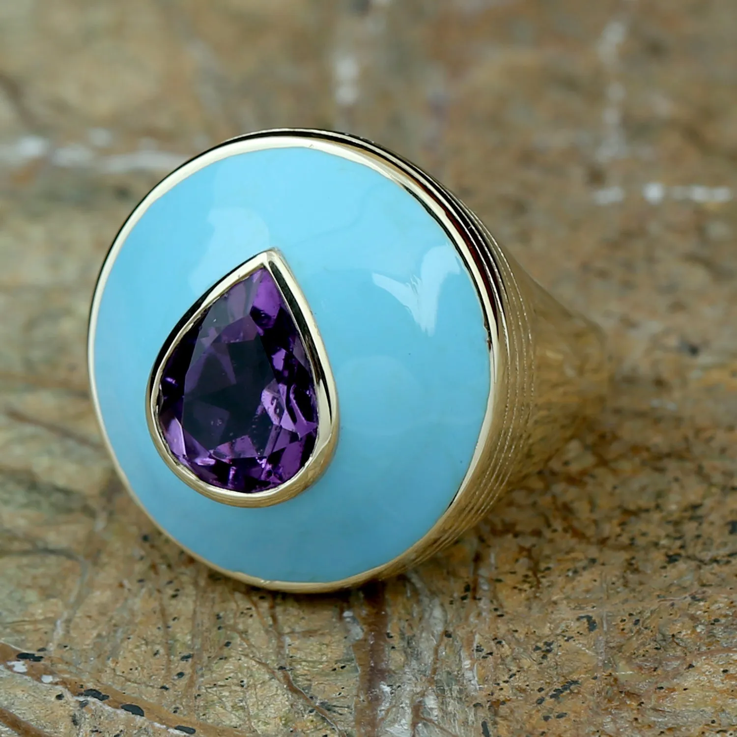 Bezel Set Pear Cut Amethyst Enamel Cocktail Ring Gemstone Jewelry