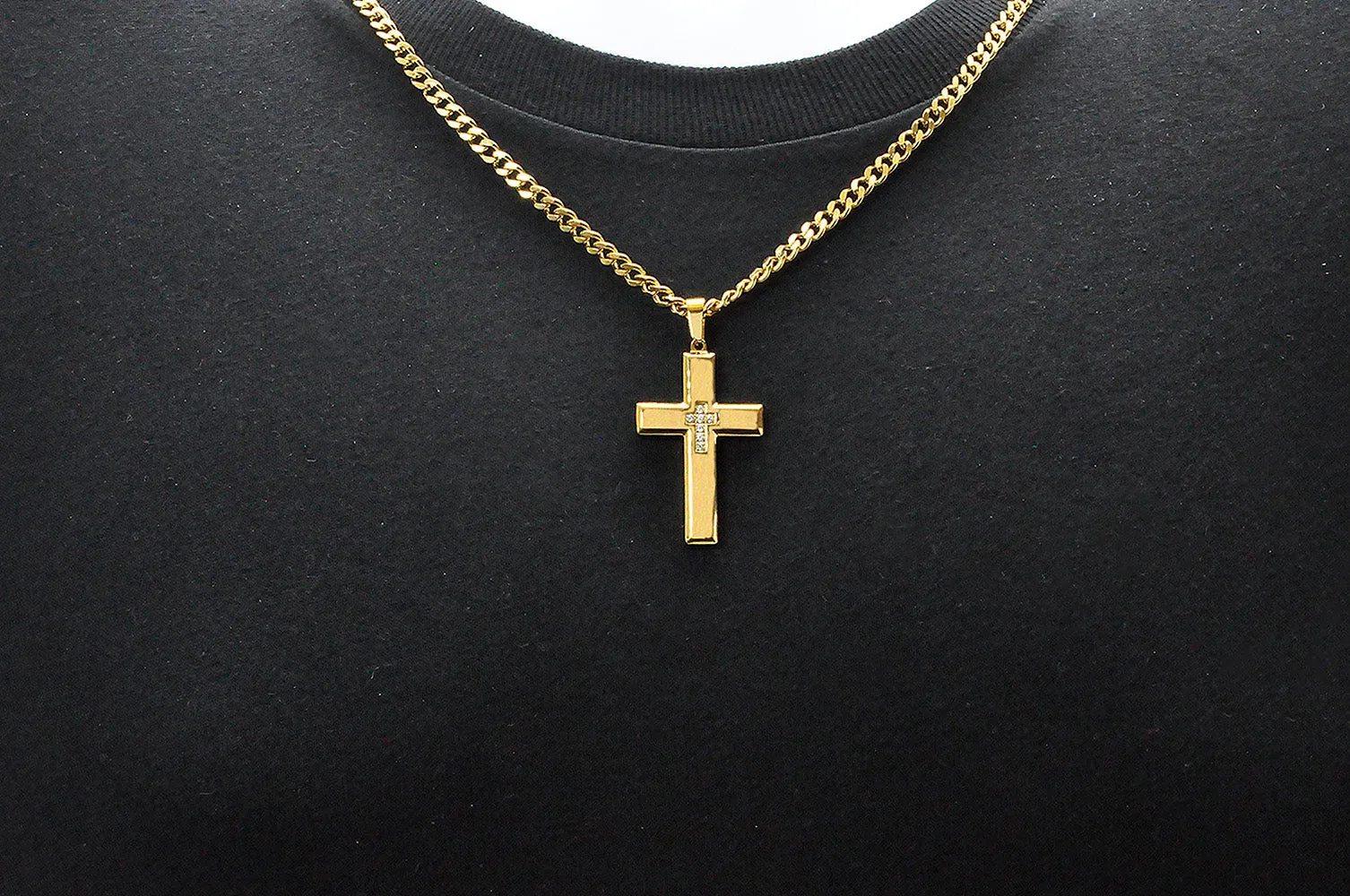 Blackjack Men's Gold-Toned Cross Necklace CZ BJP48G