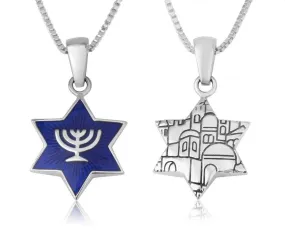 Blue Enamel Star David Embedded Menorah Silver Pendant Jewelry Holy Land Gift