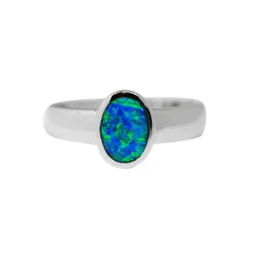 Blue Opal Solitaire Ring Sterling Silver