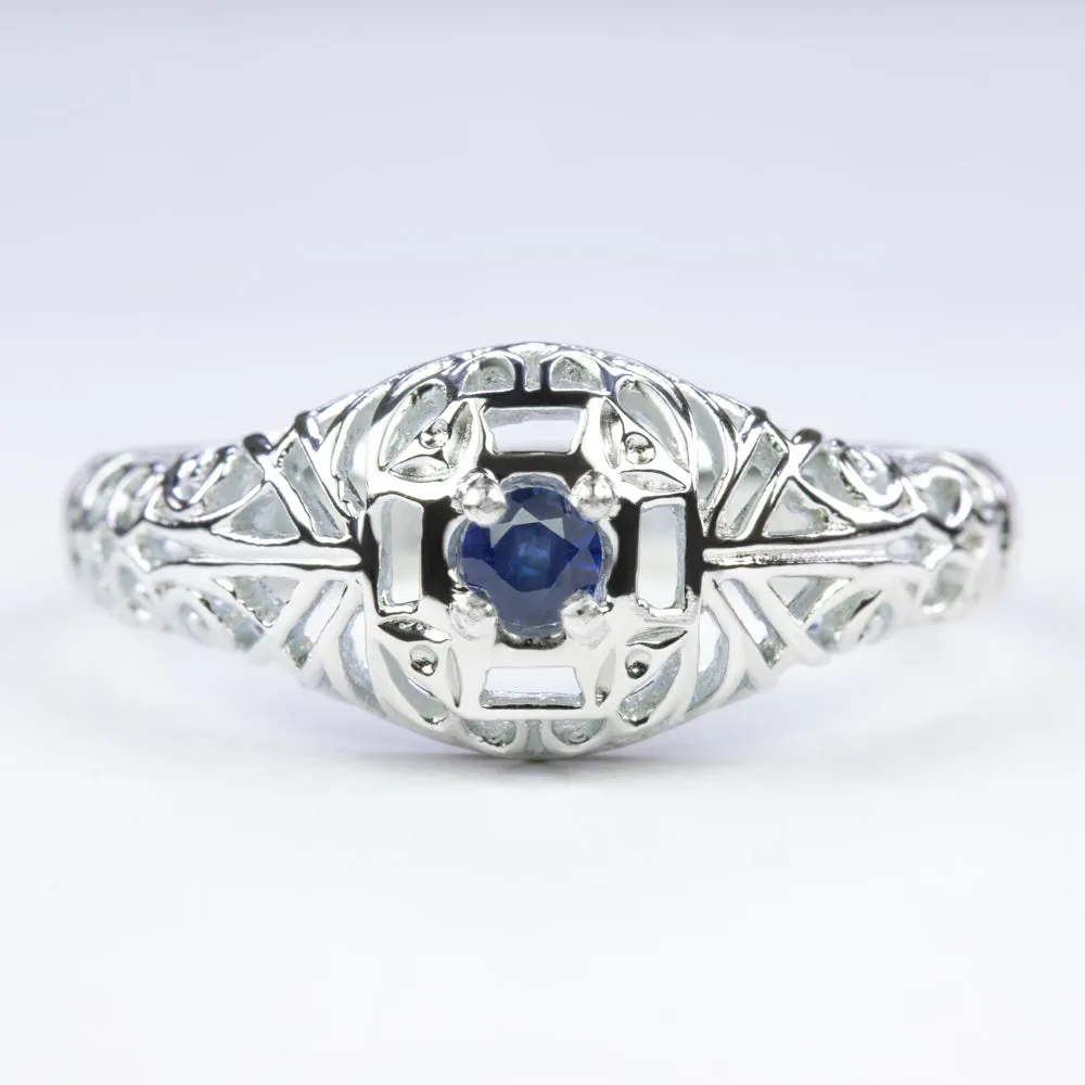 BLUE SAPPHIRE VINTAGE STYLE COCKTAIL RING STERLING SILVER DAINTY FILIGREE ROUND
