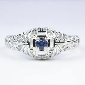 BLUE SAPPHIRE VINTAGE STYLE COCKTAIL RING STERLING SILVER DAINTY FILIGREE ROUND
