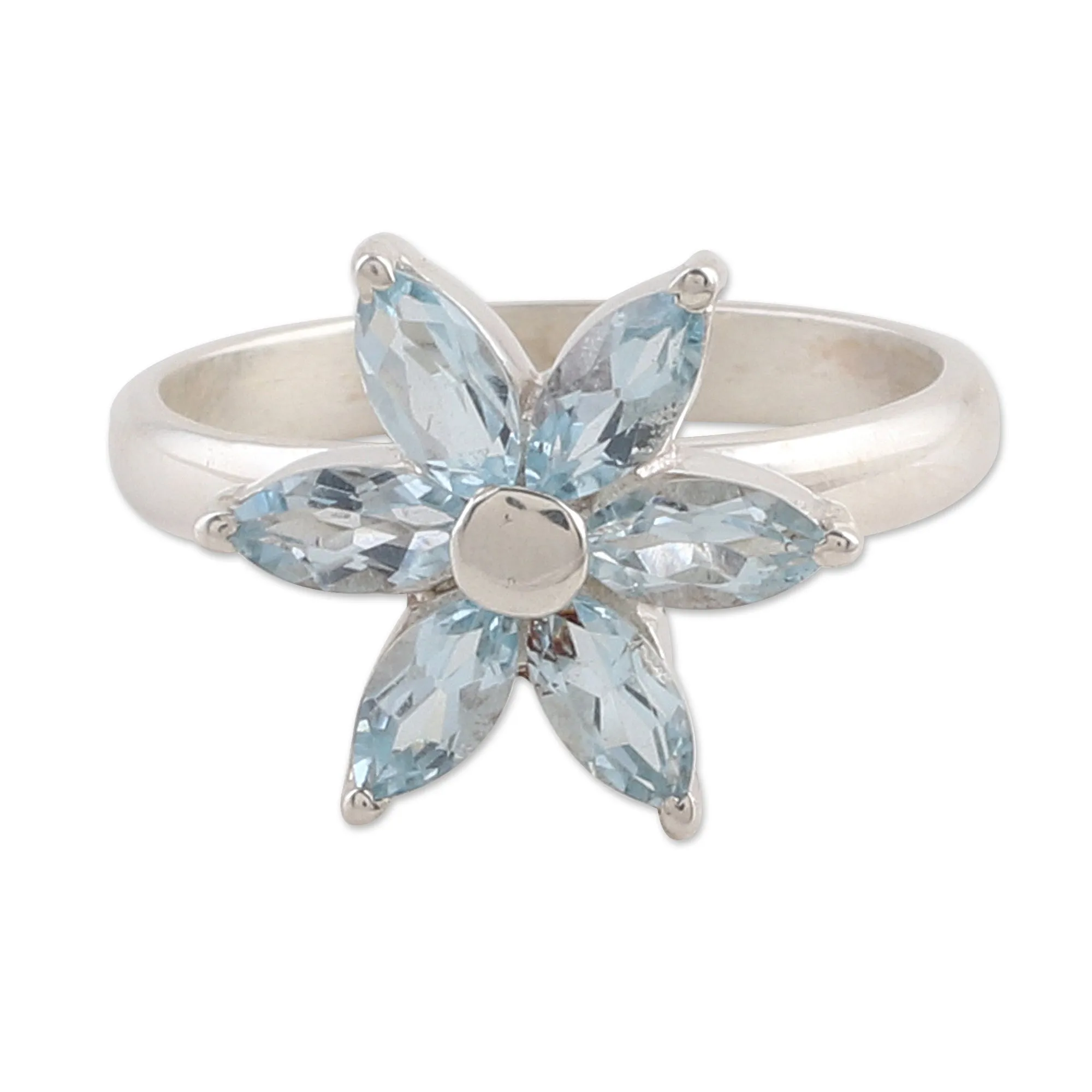 Blue Topaz and Sterling Silver Floral Ring from India - Sparkling Daisy | NOVICA