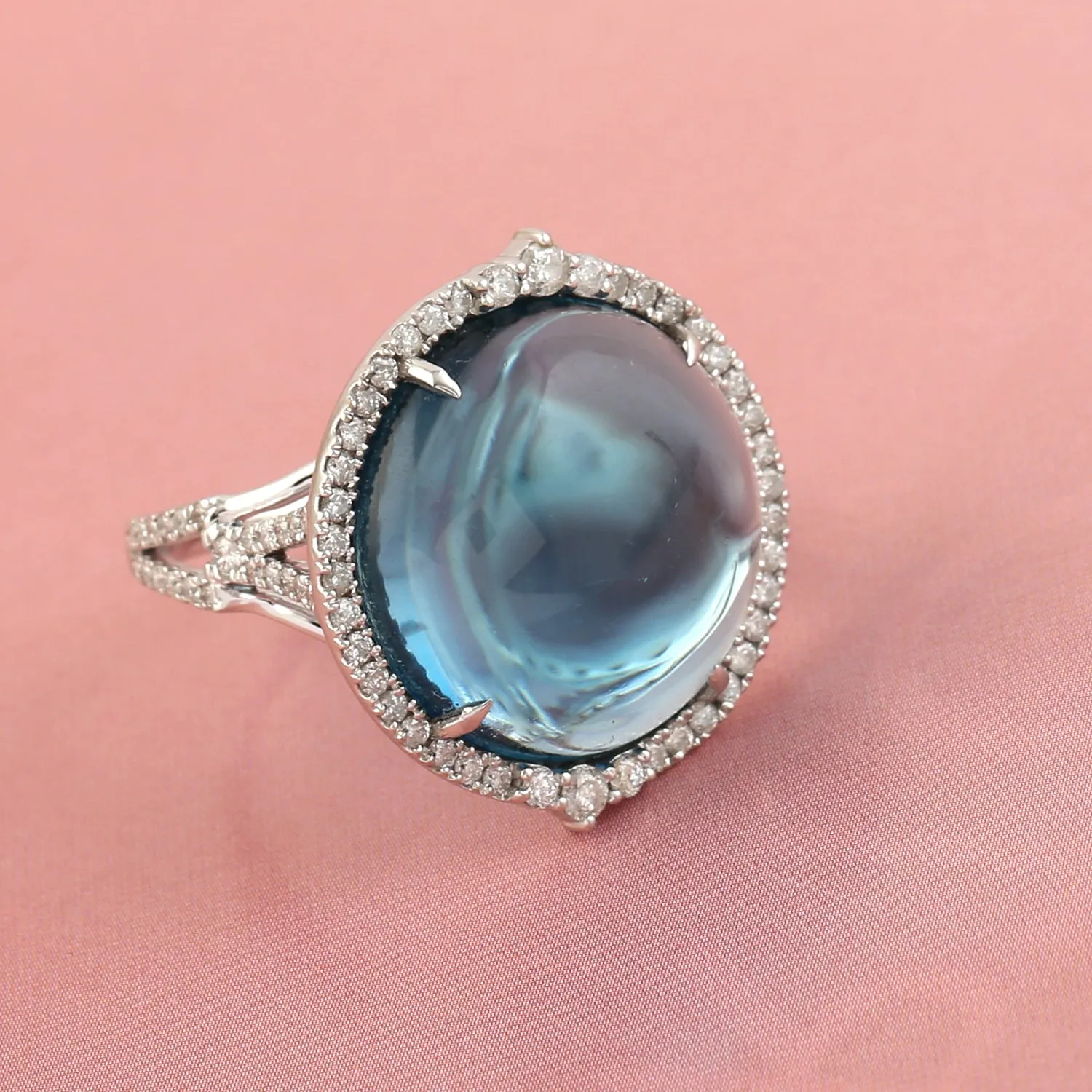 Blue Topaz Diamond Accent Cocktail Ring Jewelry in 18k White Gold