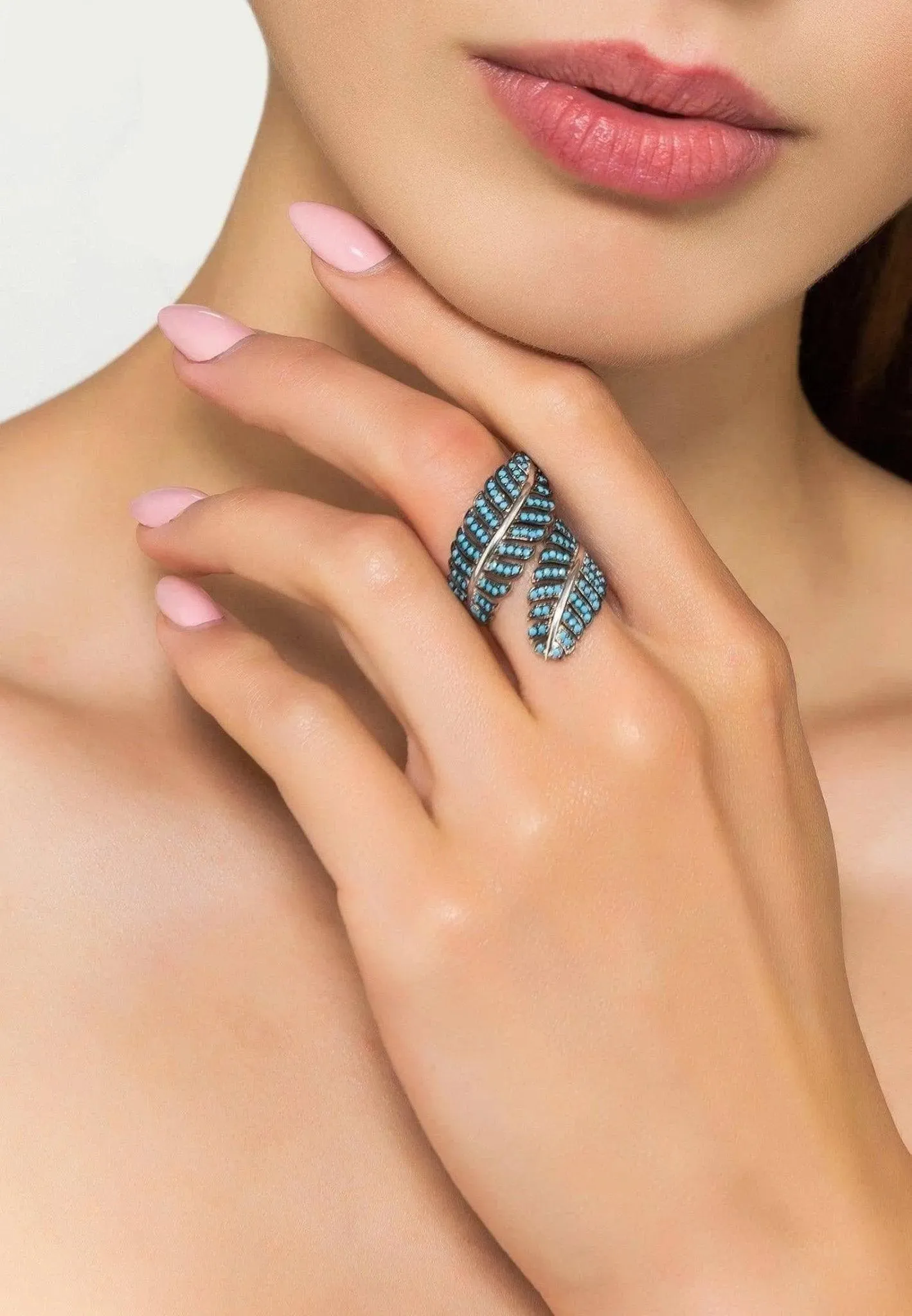Blue Turquoise CZ Tropical Leaf Cocktail Ring, Sterling Silver