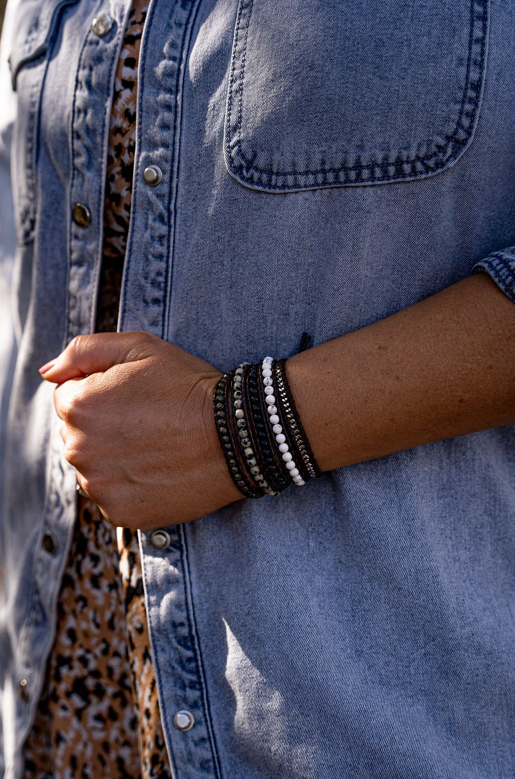 Bracelet Wrap - Pyrite, Onyx, White Howlite, Dalmatian Jasper