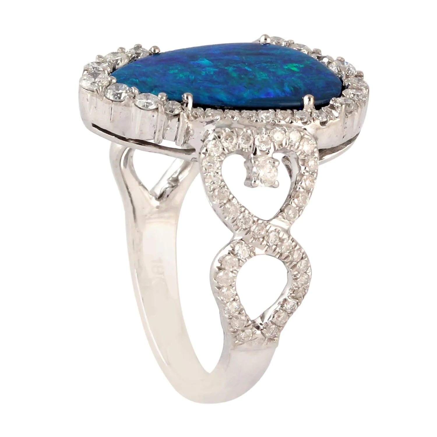 Cabouchon Opal Doublet Micro Pave Diamond 18K White Gold Beautiful Ring For Her