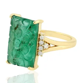 Carved Floral Emerald Pave Diamond Prong Set 18k Yellow Gold Ring Jewelry