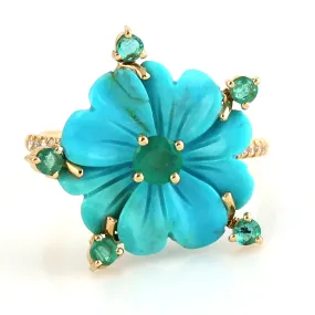 Carved Floral Turquoise Emerald Diamond Daisy Ring in 18k Yellow Gold