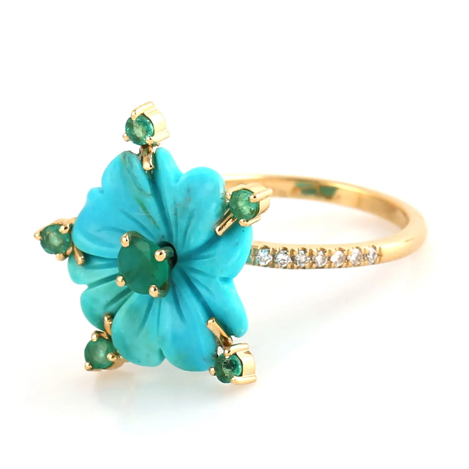 Carved Floral Turquoise Emerald Diamond Daisy Ring in 18k Yellow Gold