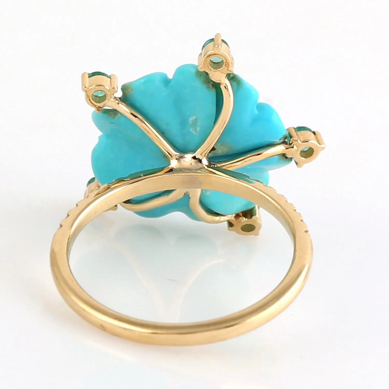 Carved Floral Turquoise Emerald Diamond Daisy Ring in 18k Yellow Gold