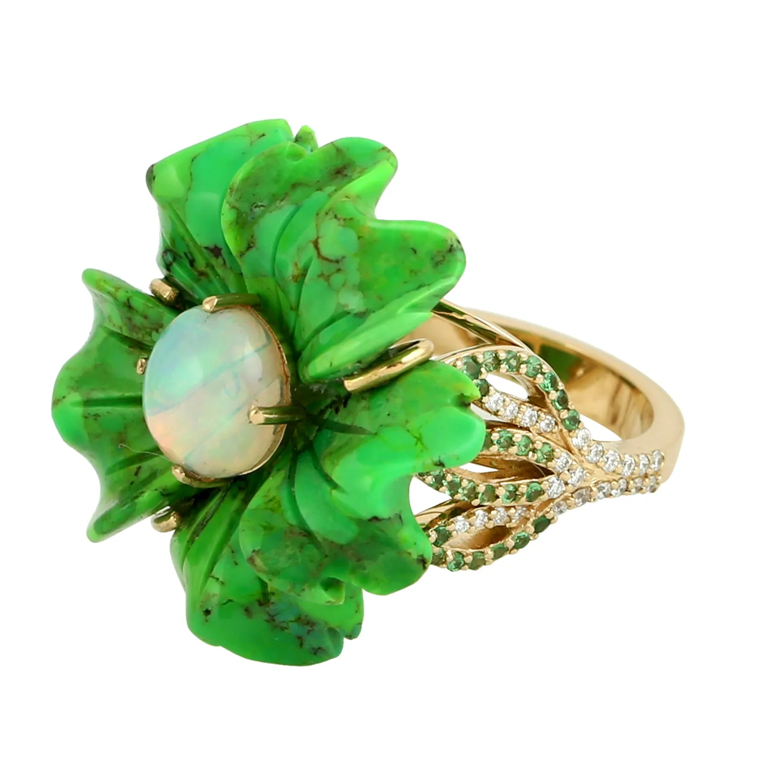 Carved Green Turquoise Opal Ethiopian Pave Tsavorite Diamond Flower Ring Jewelry For Women